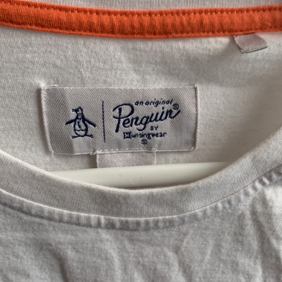 Men's small used penguin casual t shirt. White with multi color stripes - Picture 2 of 5